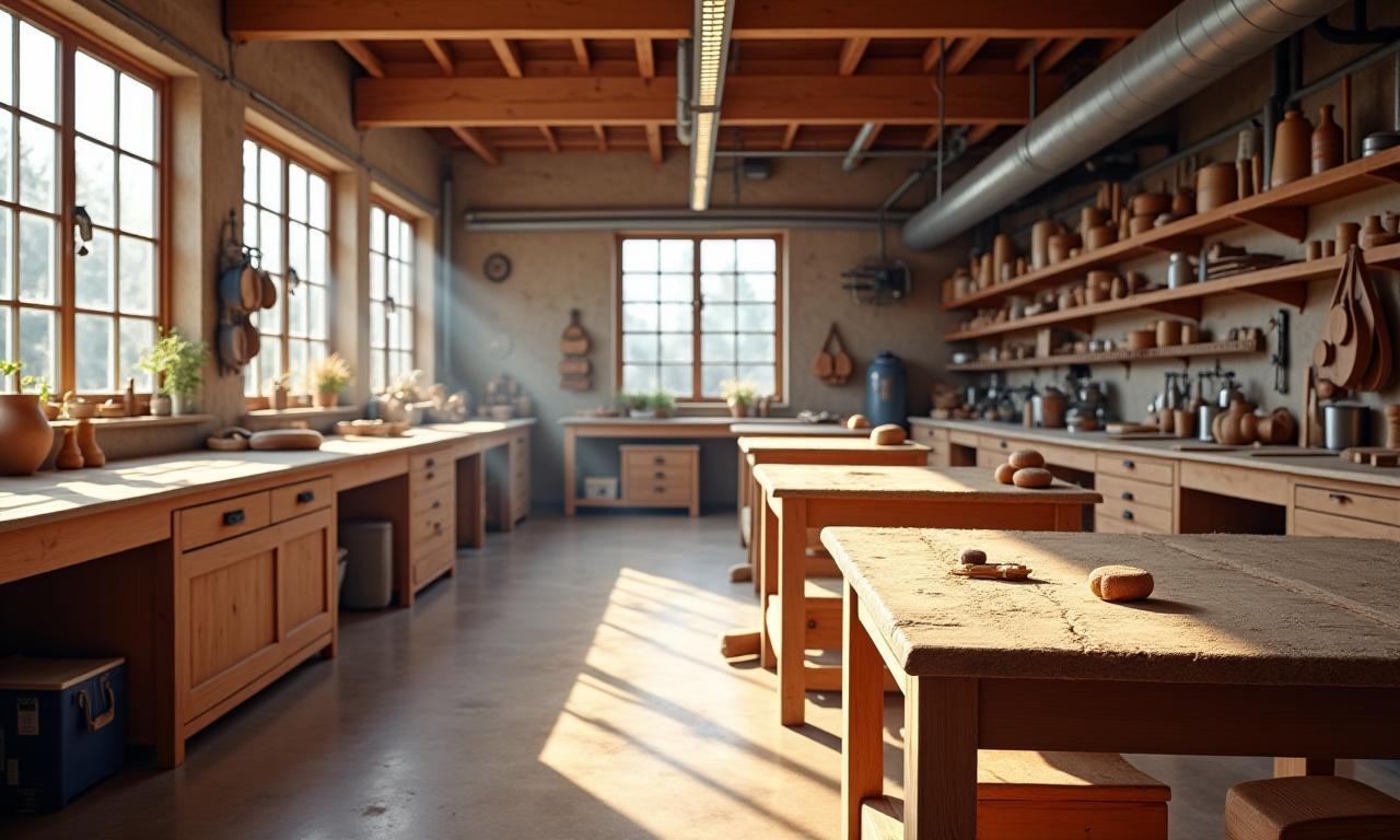 Vue intérieure de l'atelier d'ébénisterie, avec des outils traditionnels et modernes et des copeaux de bois