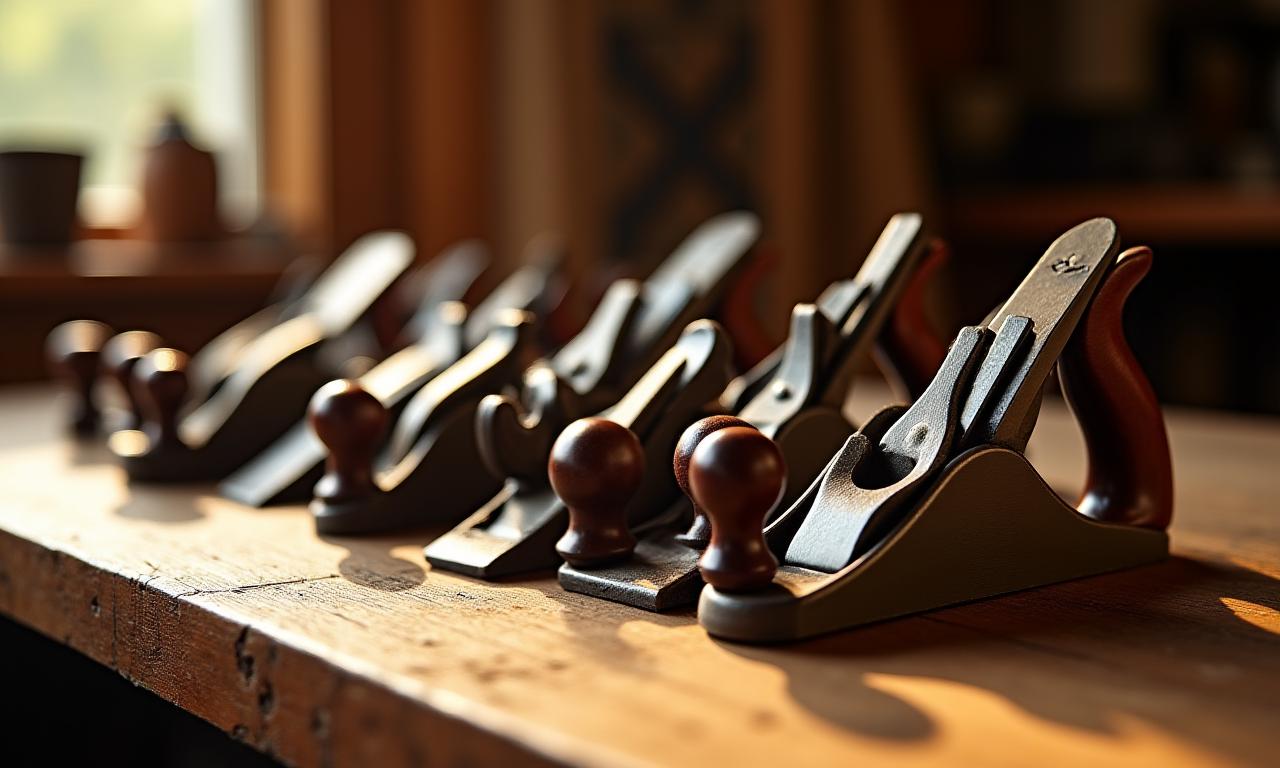 Collection d'outils anciens et bien entretenus d'ébéniste, éclairés par le soleil