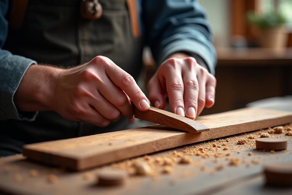 Main d'artisan travaillant le bois avec des outils traditionnels, lumière chaude