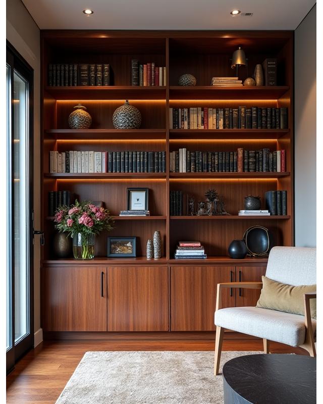 Bibliothèque intégrée en bois exotique dans un salon
