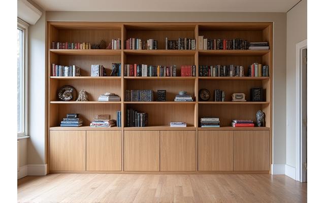 Vue d'une bibliothèque intégrée sur mesure en bois clair, s'étendant du sol au plafond, avec des finitions impeccables.