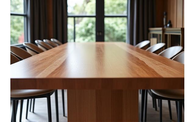 Photo d'une élégante table en bois massif sur mesure, avec des détails raffinés, mise en scène dans un intérieur moderne.