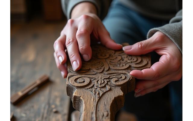 Gros plan sur la main d'un artisan restaurateur travaillant délicatement sur un meuble ancien en bois sculpté, avec des outils traditionnels.