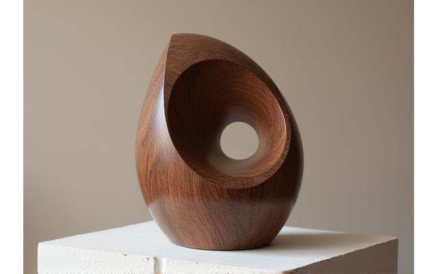 Sculpture abstraite en bois poli, avec des courbes élégantes et un grain visible, posée sur un socle minimaliste.